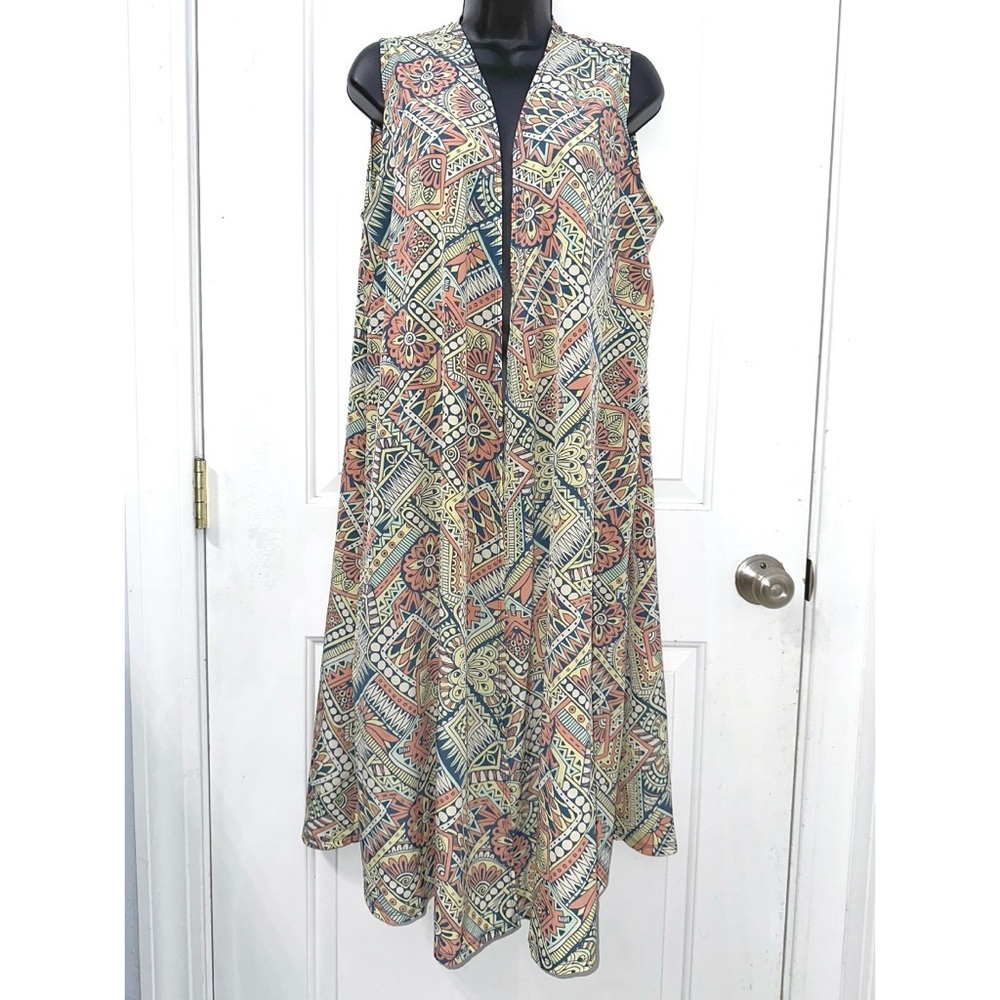 LuLaRoe Joy duster vest in a colorful geometric print